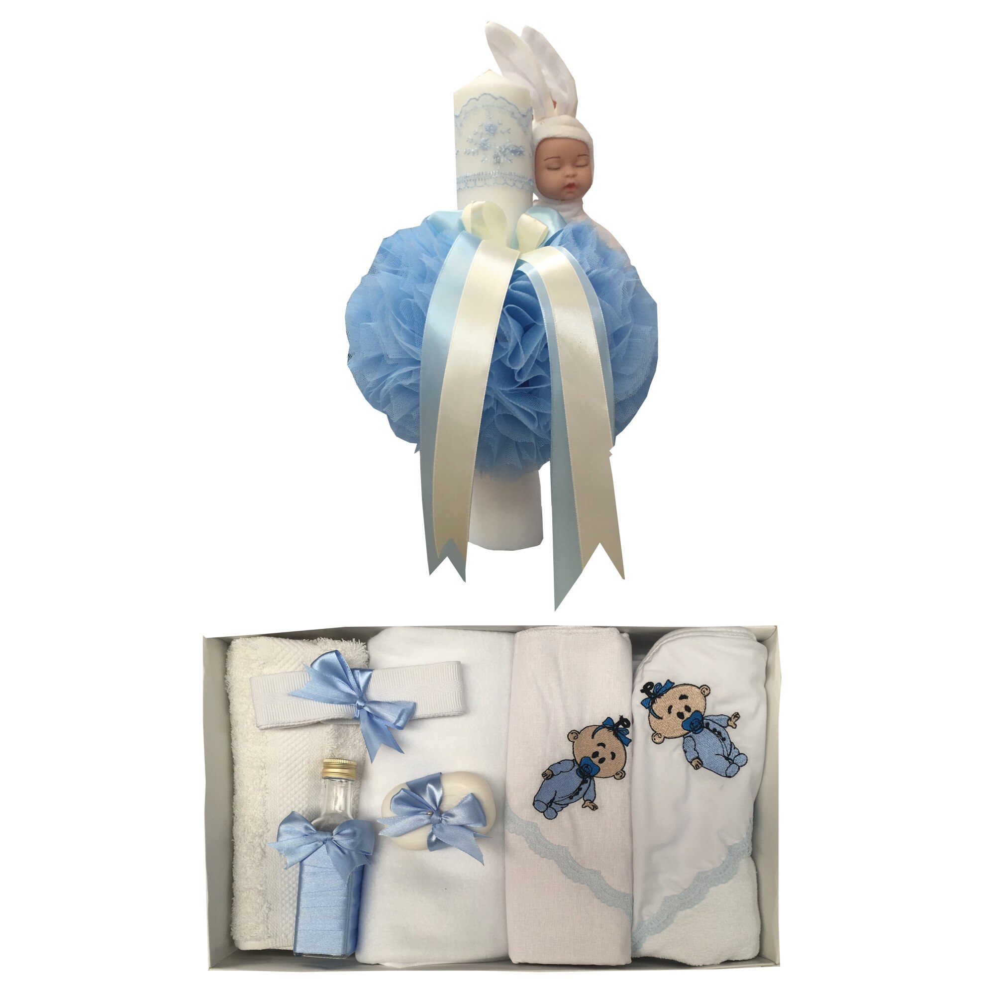 Set Botez Bebelus ,Trusou brodat 7 piese si Lumanare ,Bleu