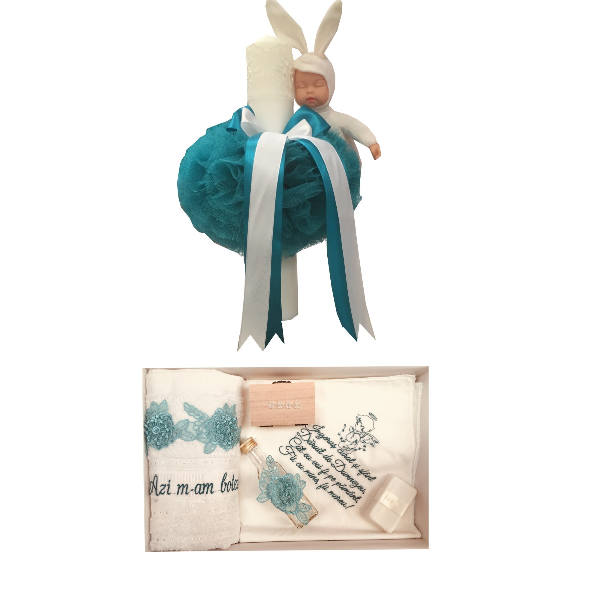 Set Botez Turcoaz ,Trusou brodat 7 piese si Lumanare cu Iepuras , Turcoaz