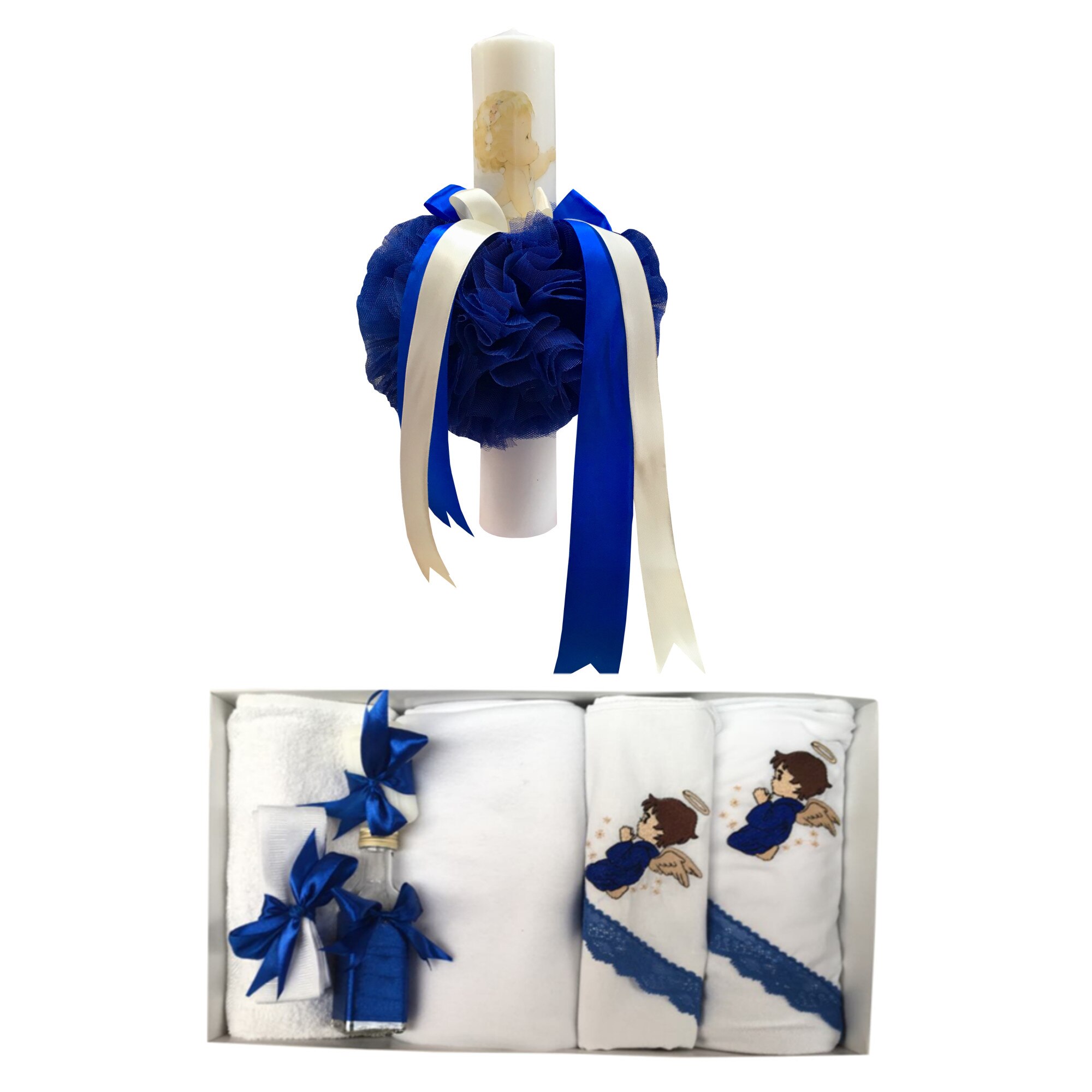 Set Botez Ingeras ,Trusou brodat 7 piese si Lumanare ,Albastru