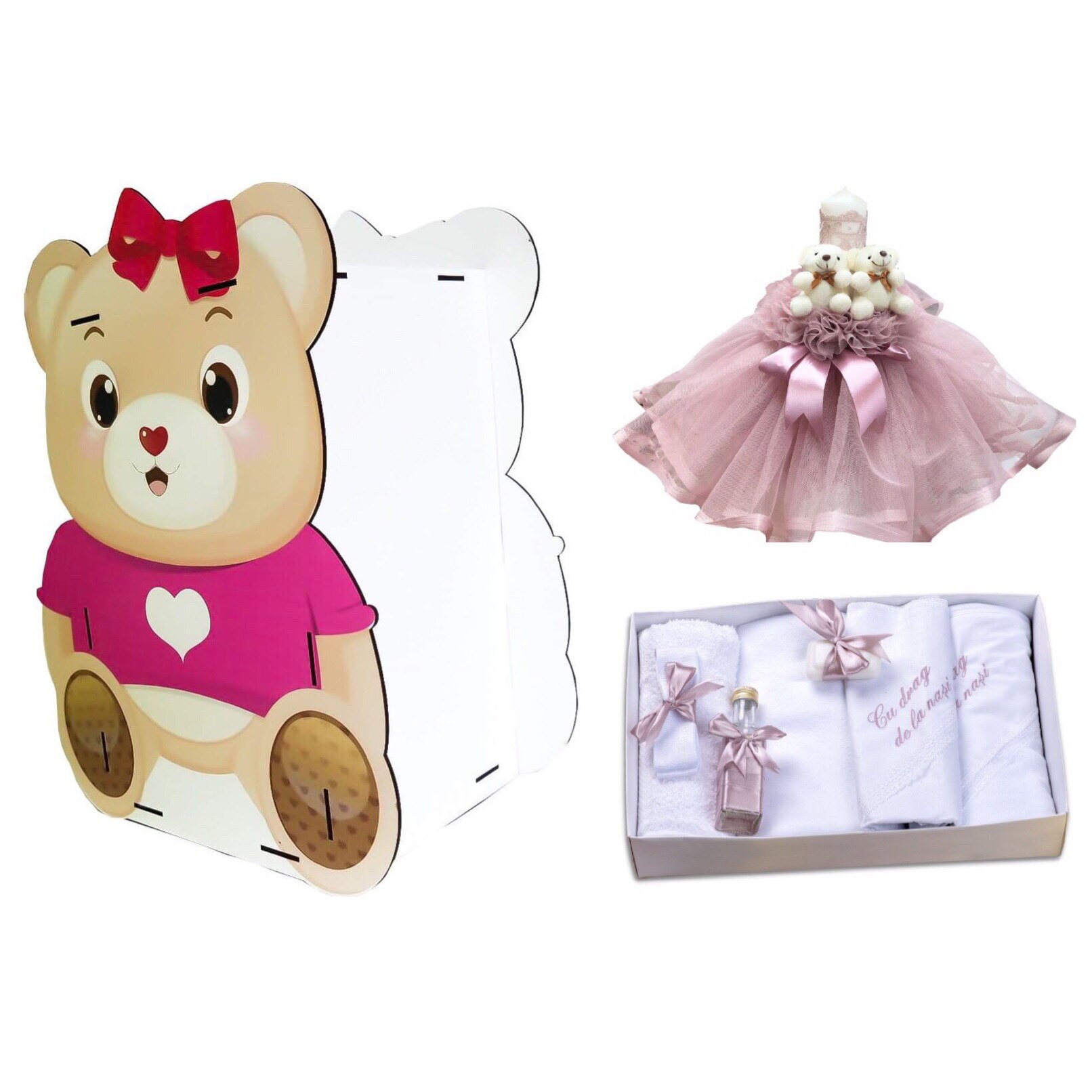 Set Botez Ursulet ,Trusou brodat 7 piese, Lumanare si Cutie pentru Dar , Roz