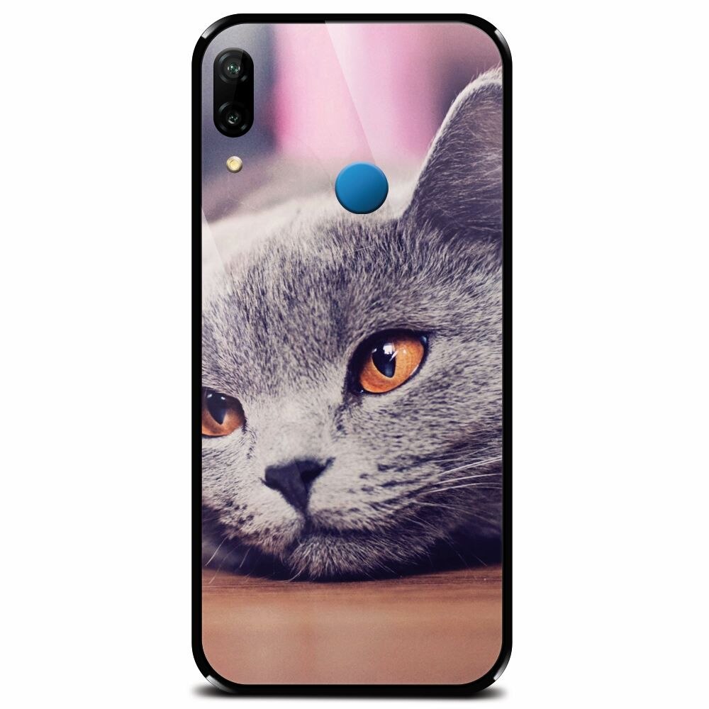 Husa din sticla securizata pentru Huawei P20 Lite, British Shorthair Cat Yellow Eyes Portrait