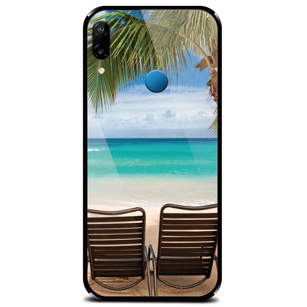 Husa din sticla securizata pentru Huawei P20 Lite, Beach Chairs Palm Tree Seaside
