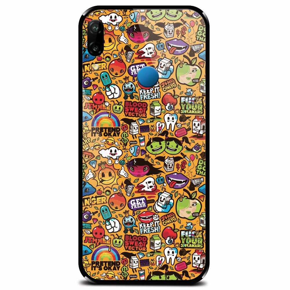 Husa din sticla securizata pentru Huawei P20 Lite, Colorful Sticker Illustrations
