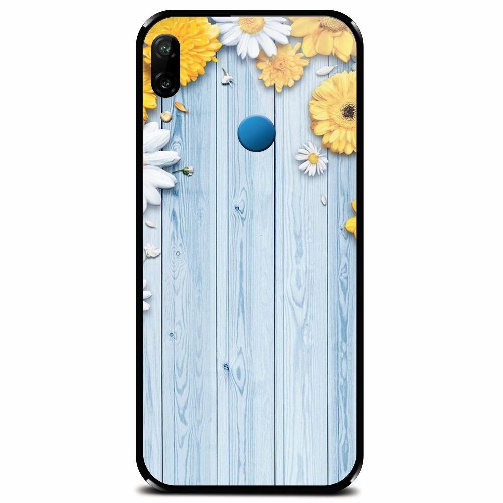 Husa din sticla securizata pentru Huawei P20 Lite, Sunflower On Blue Wood