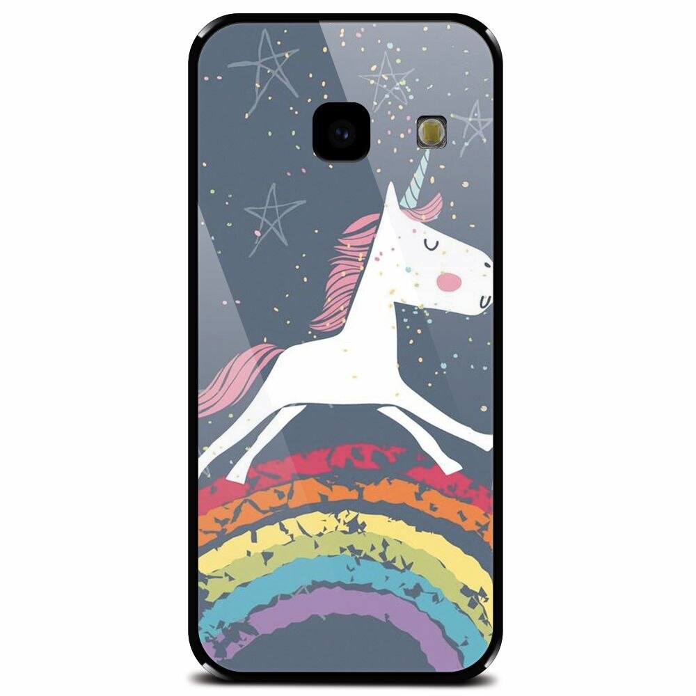 Husa din sticla securizata pentru Samsung Galaxy J4 Plus, Unicorn Rainbow