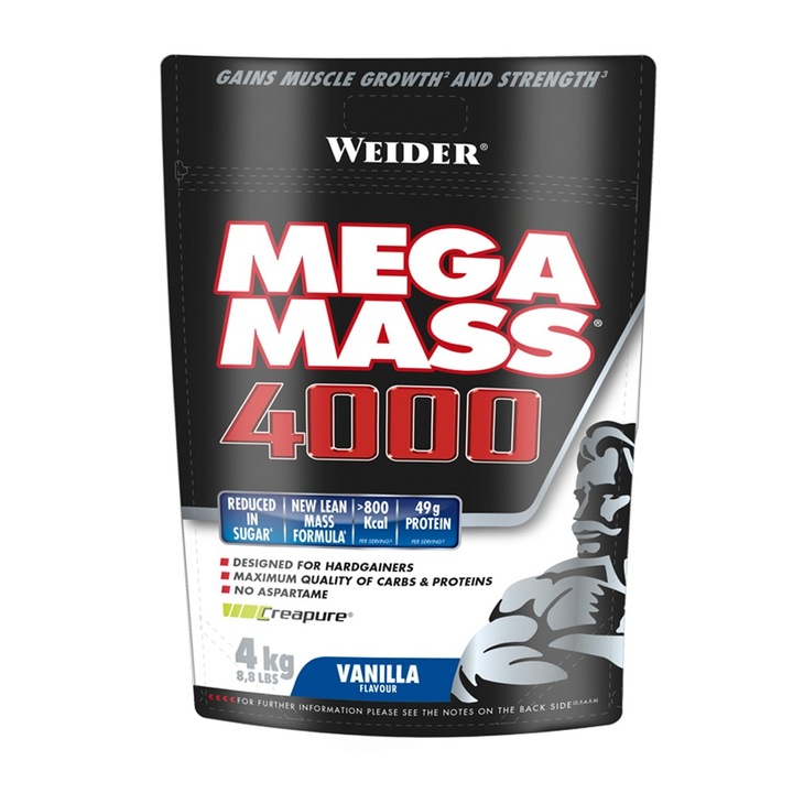 Supliment pentru cresterea masei musculare Mega Mass 4000, 4000 g, Weider, Vanilie