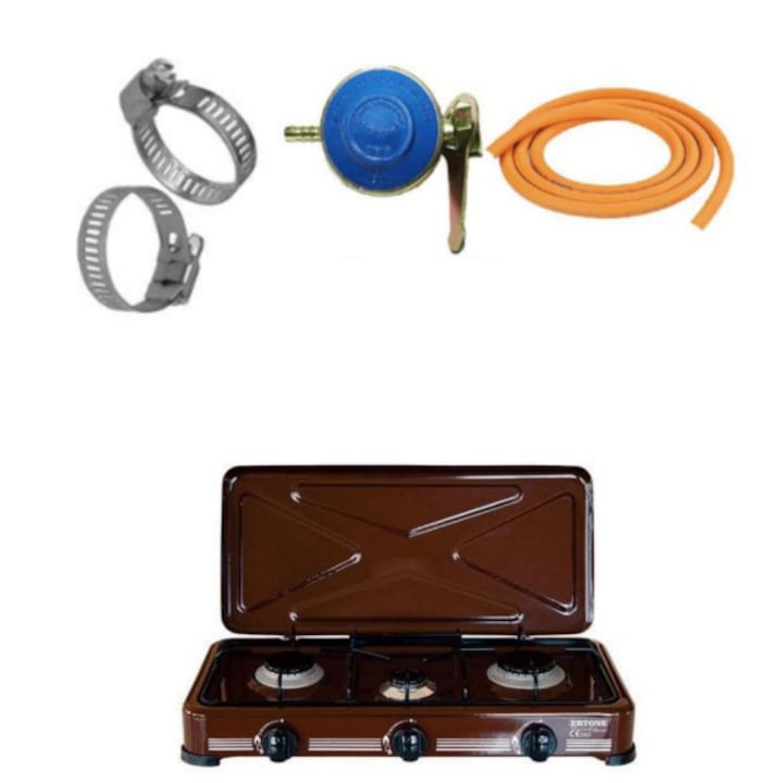 Aragaz cu trei ochiuri, 58 x 29 x 10, Maro,2 m furtun pentru gaz, Ceas butelie, 2 x Coliere