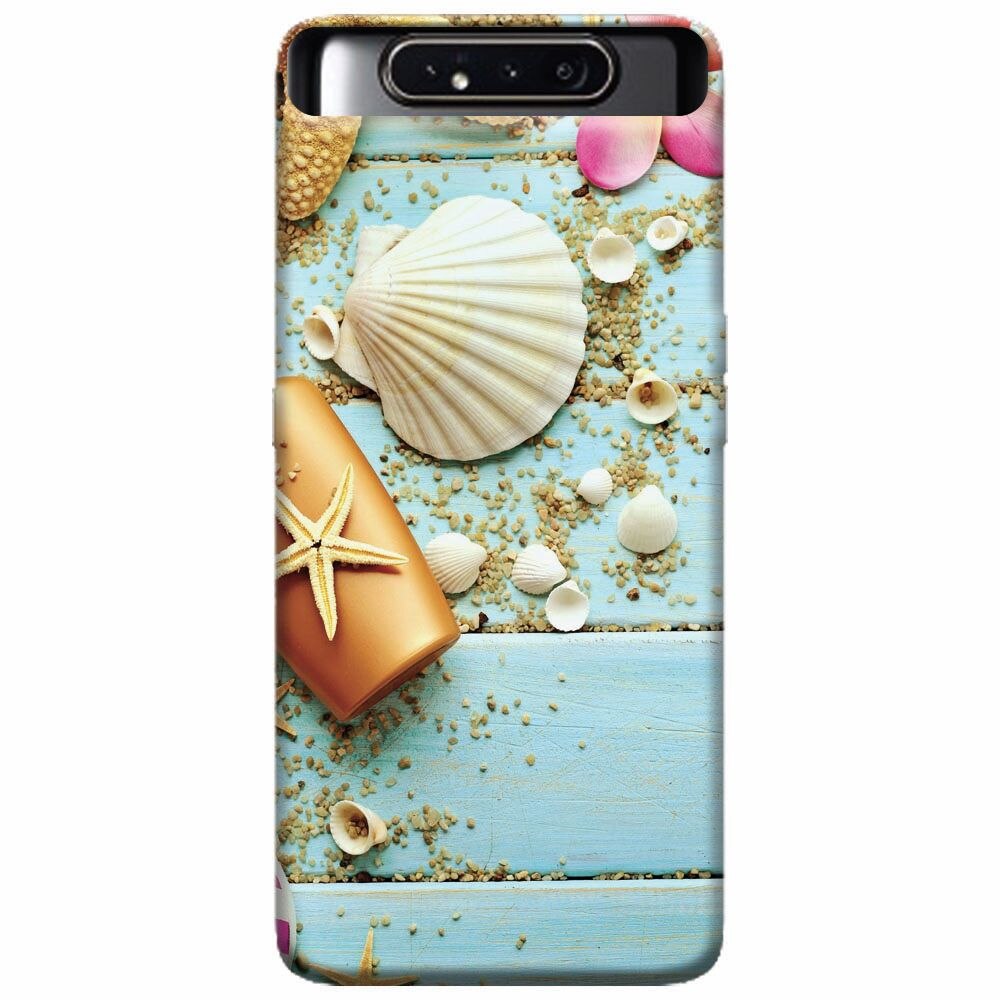 Husa silicon pentru Samsung Galaxy A80, Blue Wood Seashells Sea Star