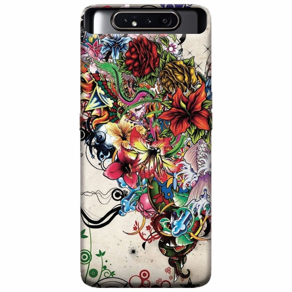 Husa silicon pentru Samsung Galaxy A80, Abstract Flowers Tattoo Illustration