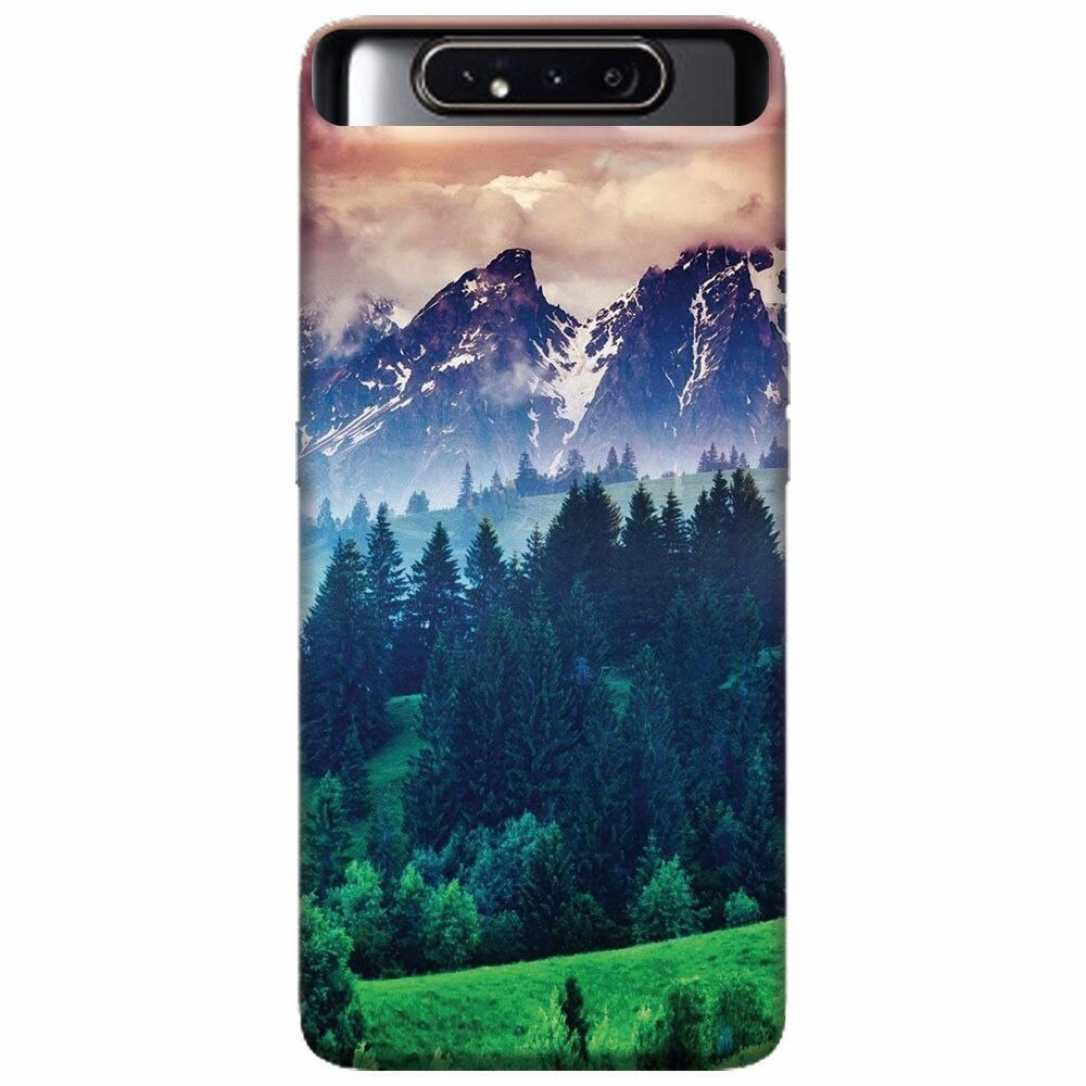 Husa silicon pentru Samsung Galaxy A80, Forest Hills Snowy Mountains And Sunset Clouds