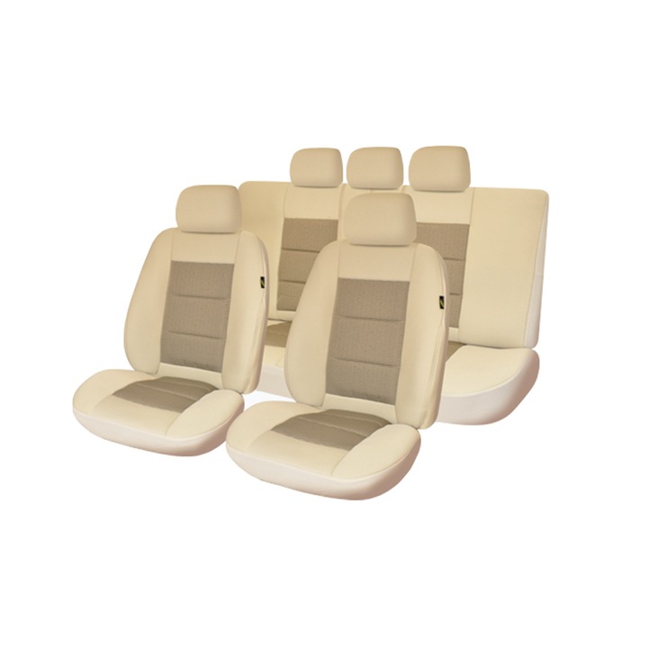 Set huse scaune auto Smartic®, Premium Lux, 11 piese, compatibile cu airbag, rabatabile, 3 straturi de material, bej