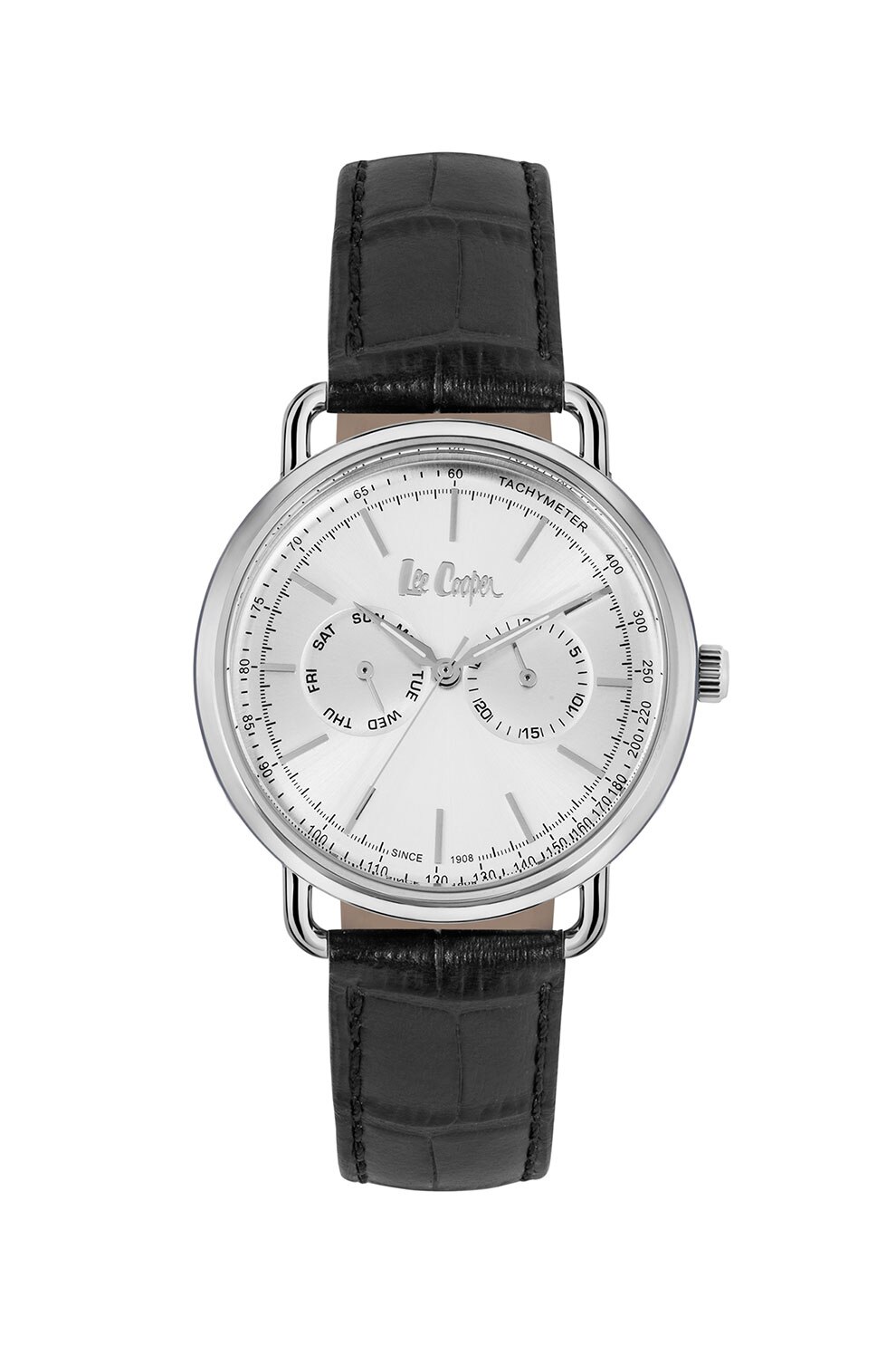 Lee Cooper, Ceas quartz cu functii multiple si curea de piele, Argintiu/Negru