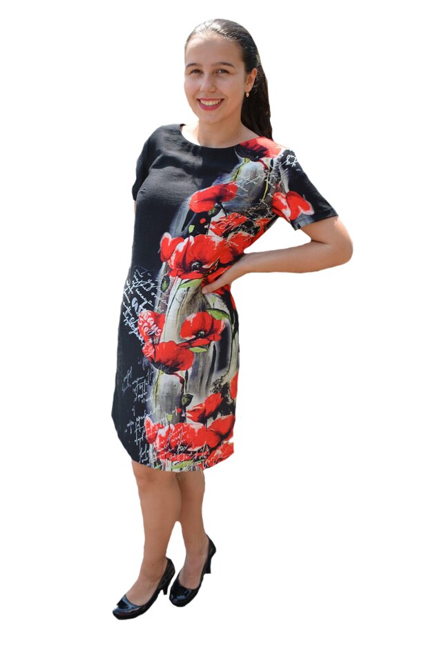 Rochie de zi,Agace ,imprimeu cu maci,D&J Exclussive, Negru