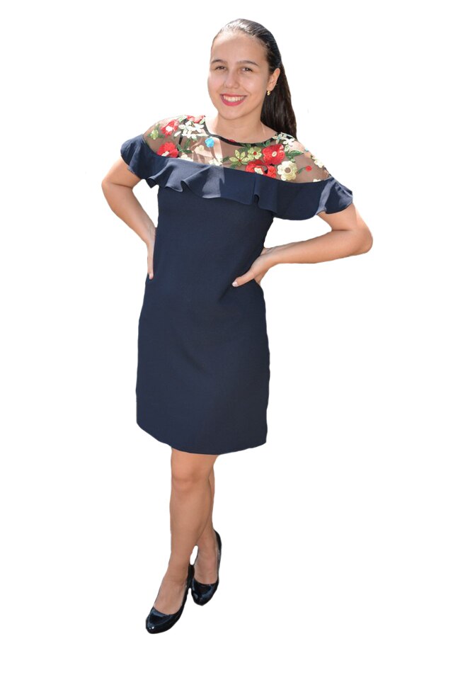 Rochie eleganta Alizee ,brodata cu flori in partea de sus,D&J Exclussive, Bleumarin