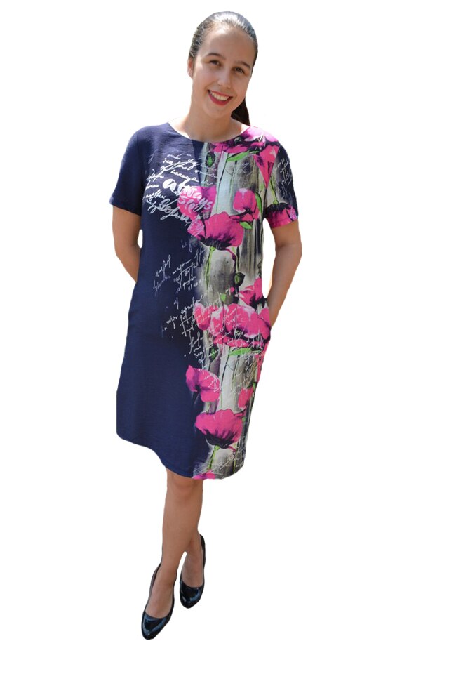 Rochie de zi,Agace ,imprimeu cu maci,D&J Exclussive, Albastru marin