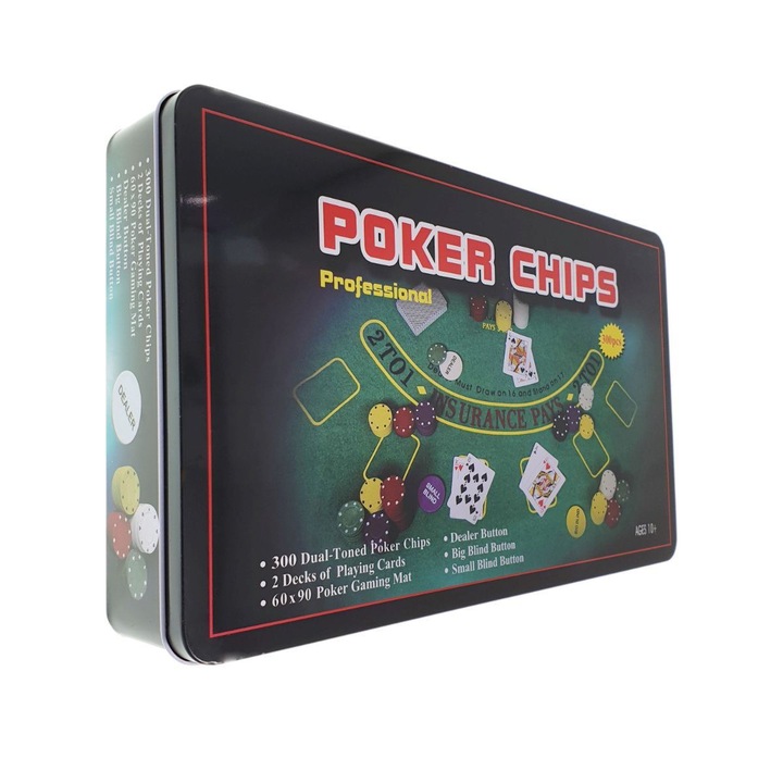 Покер комплект с 300 чипа, 2 комплекта карти за игра и аксесоари, в метална кутия