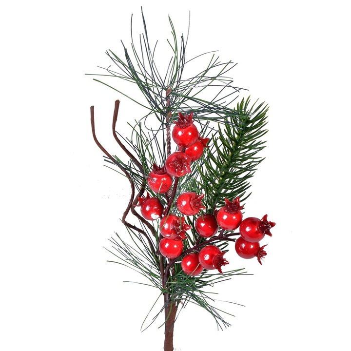 Karácsonyi Díszág, 22 cm, Zöld Levelek, Piros Gyümölcsök, Műanyag, MYONNA IT & E- COMMERCE ®