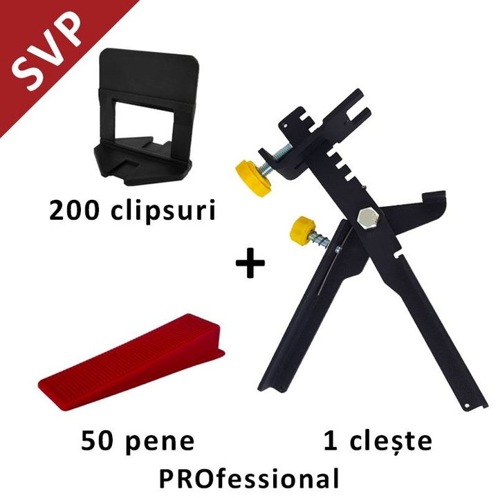 Sistem nivelare gresie gama PROfessional - set 200 clipsuri 1,5 mm + 50 pene + cleste