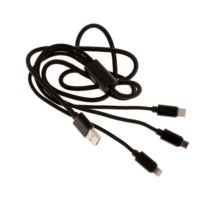 Текстилен кабел за зареждане 3 в 1, Бързо зареждане, MicroUSB, USB type C, iPhone, 1.2 метра, Черен
