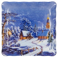 Farfurie patrata de sticla cu imprimeu biserica si casa iarna, DecorCasa, 18 x 18 cm