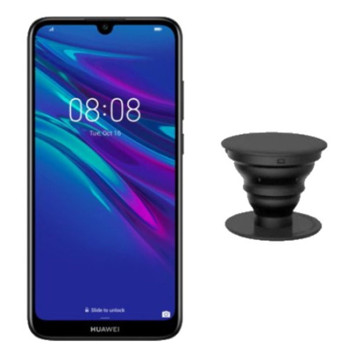Pachet Telefon mobil Huawei Y6 Prime 2019, Dual SIM, 32GB, 4G, Black + Suport universal pentru dispozitive mobile prindere adeziv