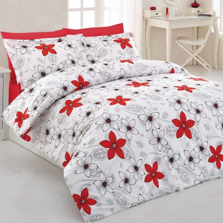 Спален комплект "Цветя в червено и бяло", памук ранфорс, Lux, за 2 души, 50X70, 220X200