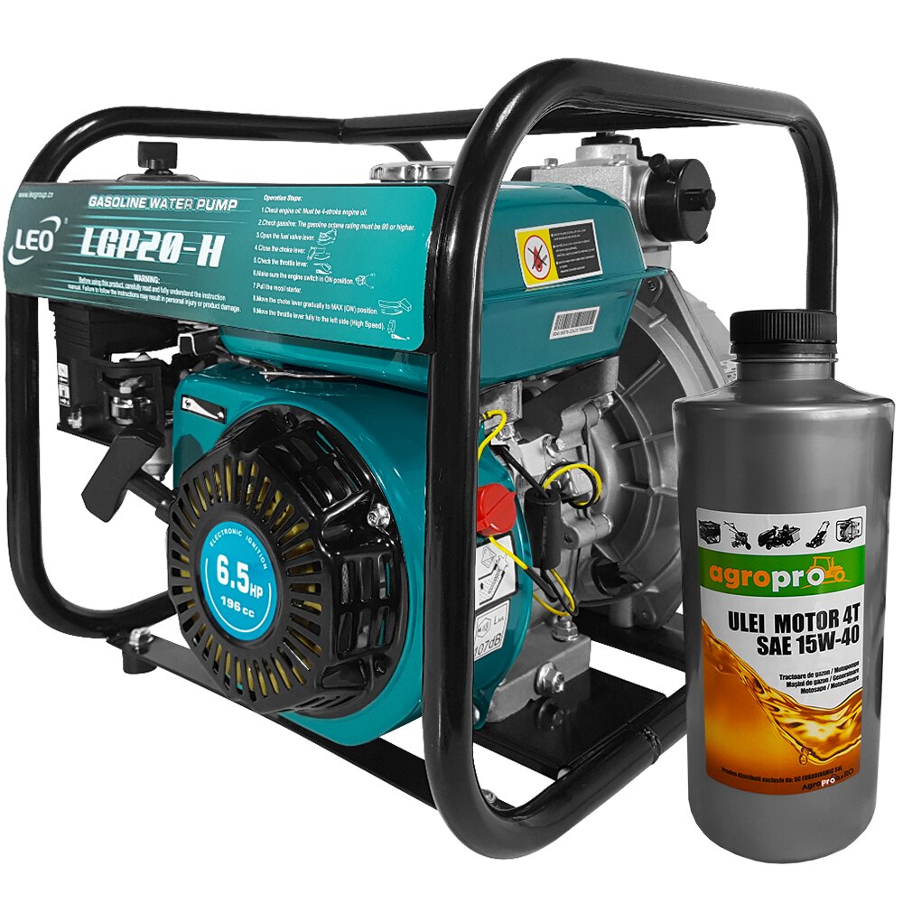Motopompa Profesionala de presiune LEO LGP 20H, 6.5CP, inaltime refulare 55m, adancime aspiratie 6m, 30m3/h + Cadou 1l ulei motor AgroPro