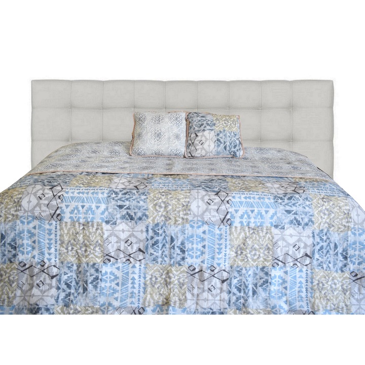 Set Cuvertura cu doua fete si pernute decor, Matlasata, Colectia Luxurio, Ginko Rivoli, 220x240 cm, albastru