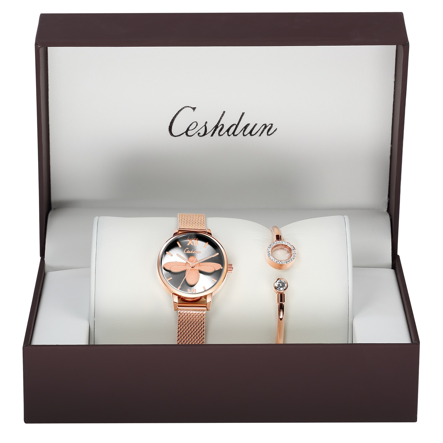 Ceshdun Set Ceas Dama - Si Bratara Eleganta - Waterproof - Quartz - Aur Roz - Cadran Cu Pietricele - Cifre Arabe