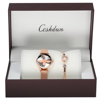 Ceshdun Set Ceas Dama - Si Bratara Eleganta - Waterproof - Quartz - Aur Roz - Cadran Cu Pietricele - Cifre Arabe Ceshdun Set Ceas Dama - Si Bratara Eleganta - Waterproof - Quartz - Aur Roz - Cadran Cu Pietricele - Cifre Arabe