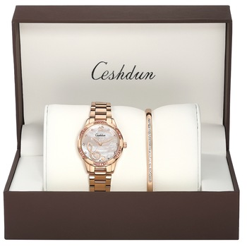 Ceshdun Set Ceas Dama - Si Bratara Eleganta - Waterproof - Quartz - Cadran Cu Pietricele - Cifre Arabe - Roz auriu Ceshdun Set Ceas Dama - Si Bratara Eleganta - Waterproof - Quartz - Cadran Cu Pietricele - Cifre Arabe - Roz auriu