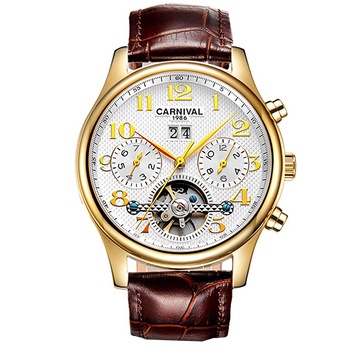 CARNIVAL Ceas barbatesc - Mecanic Automat - Impermeabil - curea maro din piele naturala - Clasic Design - Auriu CARNIVAL Ceas barbatesc - Mecanic Automat - Impermeabil - curea maro din piele naturala - Clasic Design - Auriu