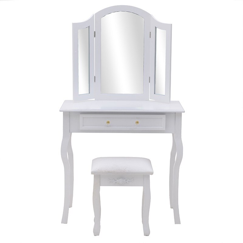 Masa de toaleta White cu 3 oglinzi, sertar si taburet