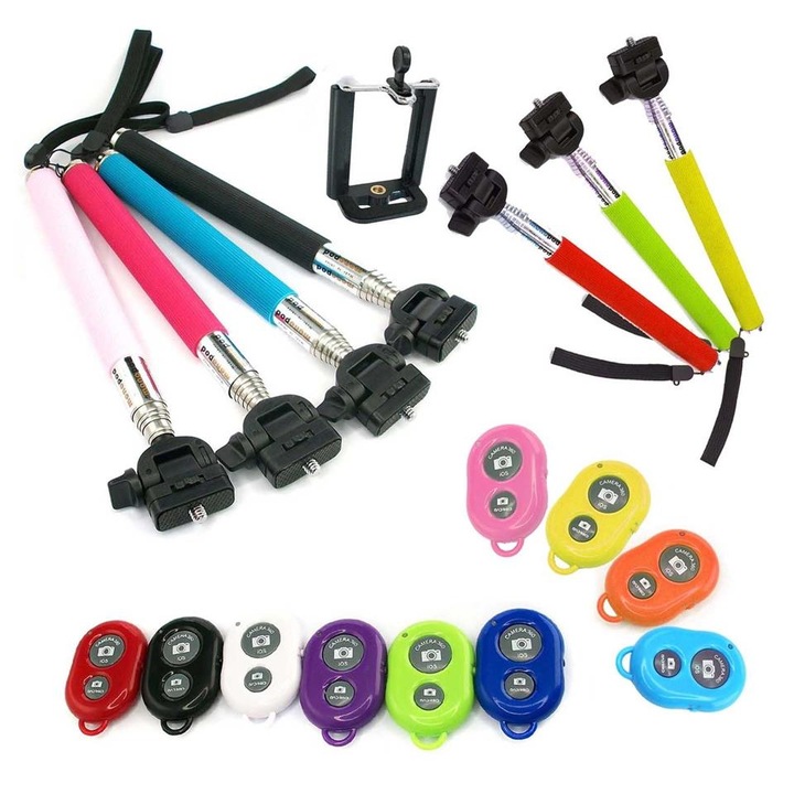 Muvit kihúzható selfie bot, telefon tartó, Bluetooth távirányító, 100 cm, Lila