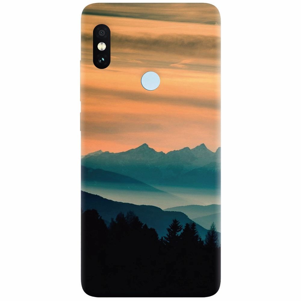 Husa silicon pentru Xiaomi Redmi Note 5 Pro, Blue Mountains Orange Clouds Sunset Landscape