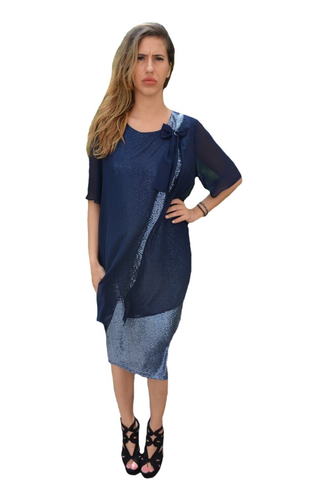 Rochie rafinata Ava,insertii paiete argintii,model cu voal peste,D&J Exclussive, Albastru marin