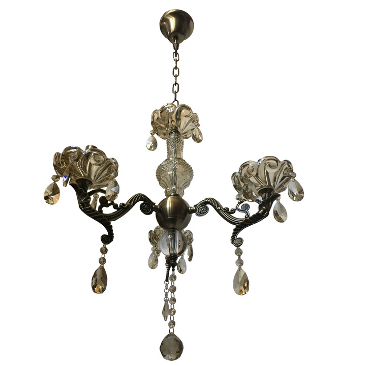 Полилей DC 8043/3, античен бронзов скелет, метално стъкло и кристал, 5*e14, регулируема височина