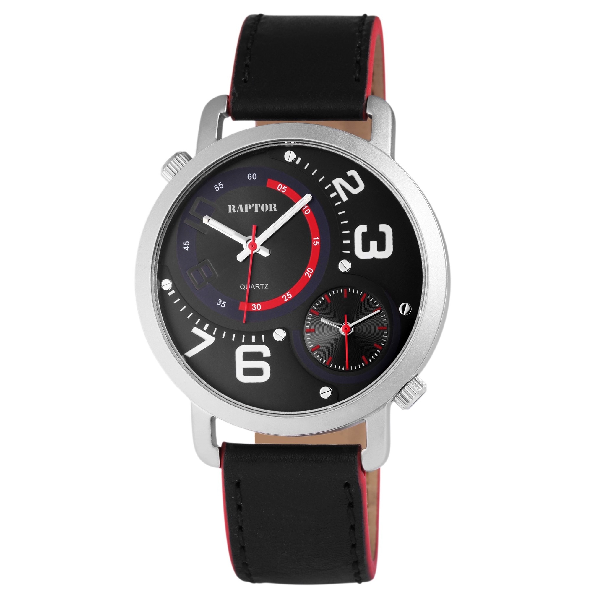 Ceas barbatesc, Raptor, dual time, carcasa argintie, cadran si curea neagra, 45mm