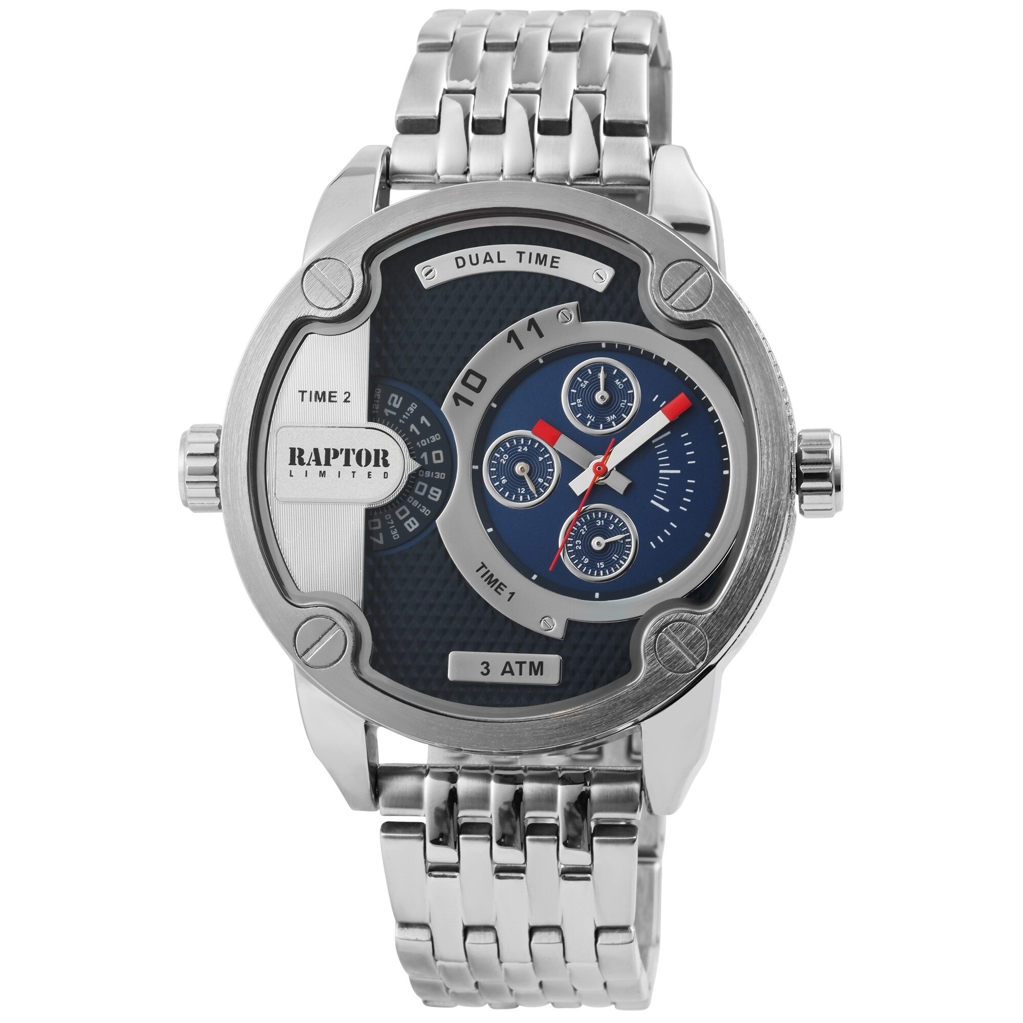 Ceas barbatesc, Raptor, dual time, calendograf, bicolor, bratara inox, 51mm