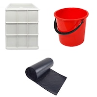 Pachet Cutie branza 20L cu capac, Inchidere etansa, Sigiliu 2 capete, 38cm x 24cm + Galeata plastic, 10l, rosu + Sac menajer, 35l, 50bucati/rola