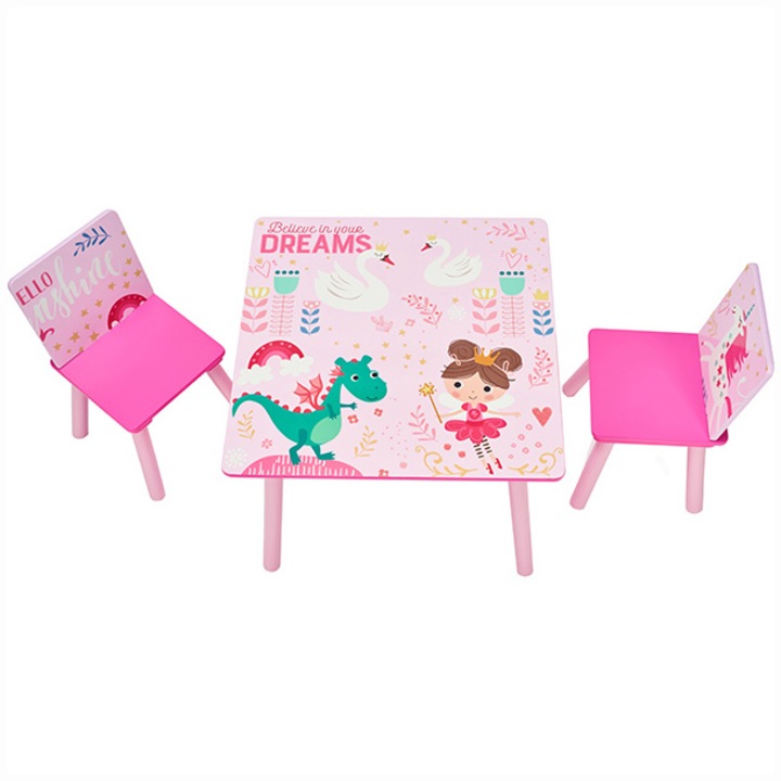 U-Grow Believe in your dreams Gyerekszoba bútor készlet, asztal és két szék, Rózsaszín