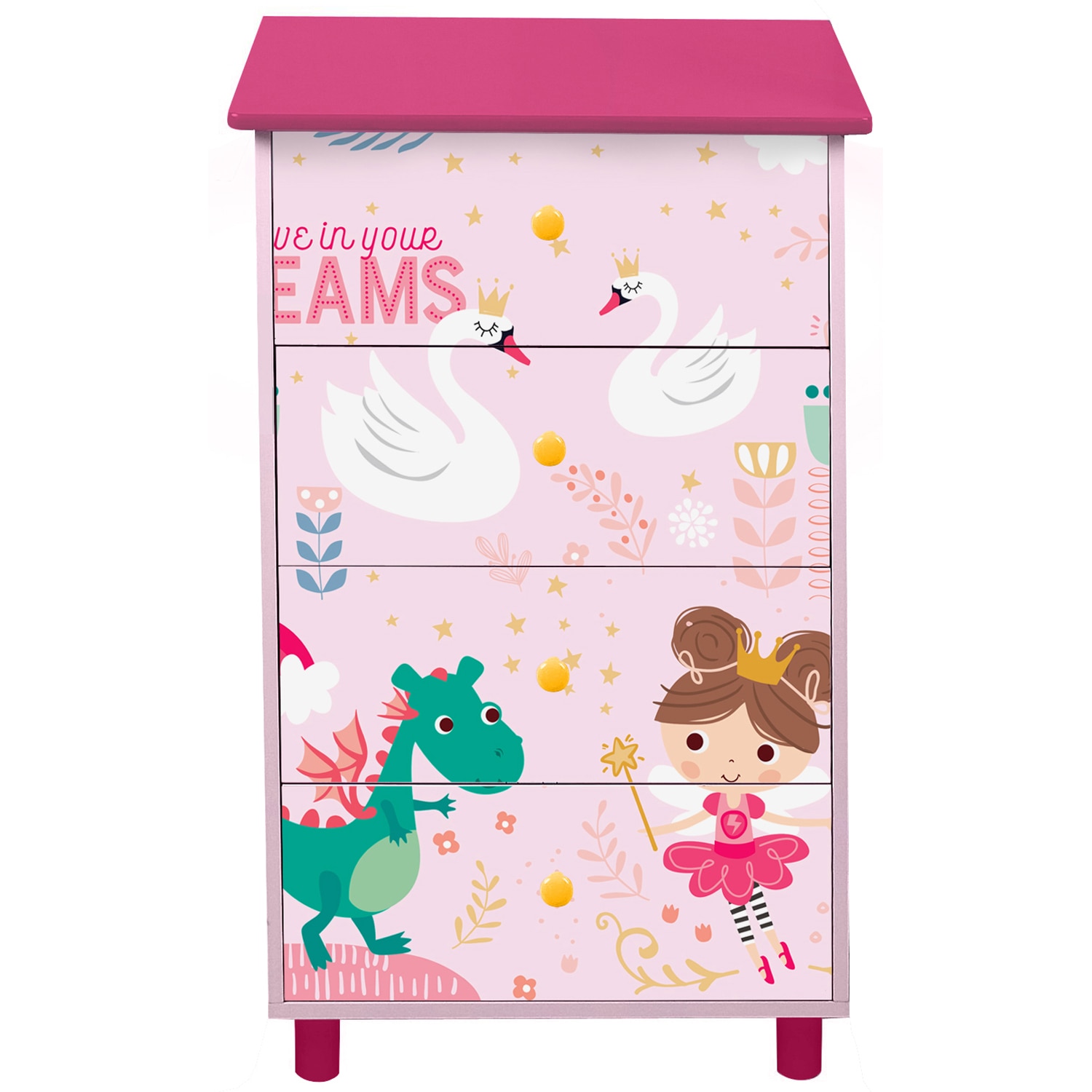 Comoda U-Grow Believe in your dreams, cu 4 sertare, Roz