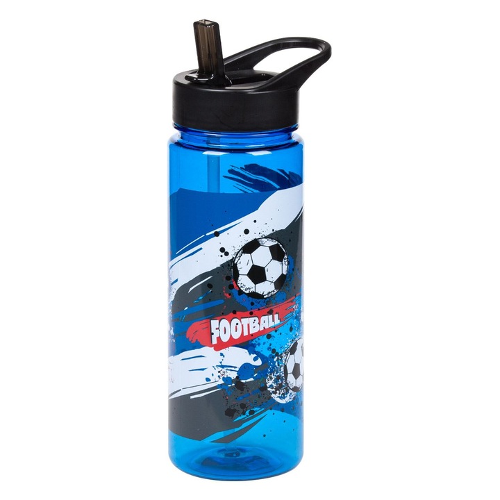Sticla de plastic pentru copii cu imprimeu Football si capac negru, DecorCasa, 22 x 7 cm