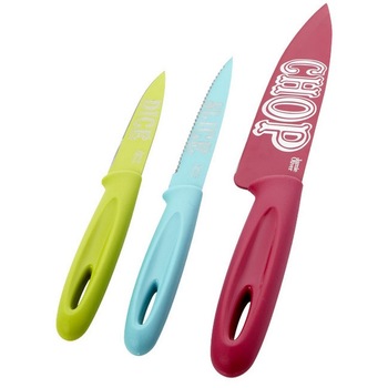 Set 3 cutite, Jamie Oliver by AleXer, Funky, otel inoxidabil, multicolor, breloc inclus din piele ecologica si metal Set 3 cutite, Jamie Oliver by AleXer, Funky, otel inoxidabil, multicolor, breloc inclus din piele ecologica si metal