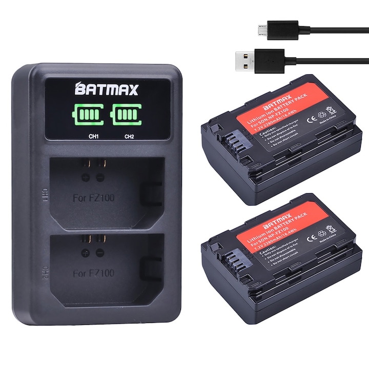 Batmax 2 NP-FZ100 duális akkumulátortöltő tükör nélküli kamerákhoz, kompatibilis a SONY Alpha A7 III / A7R III / A7R IV / A9 / A9 II / A6600-zal