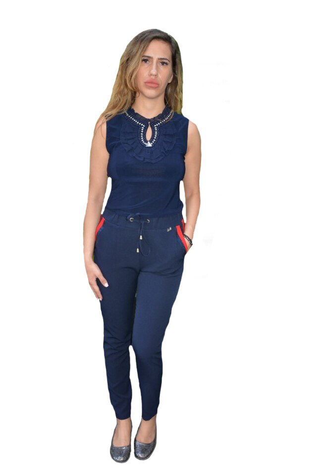 Pantaloni Baez cu strasuri la buzunare ,croi drept,D&J Exclussive, Albastru marin