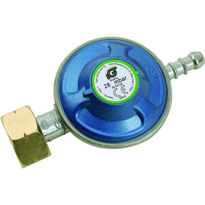 Regulator GPL Kruger-IGT Denmark, Kruger, cu protectie la scurgeri de gaz, din alama, 30 mbar, certificare CE, argintiu / albastru, 11x7x3.5 cm