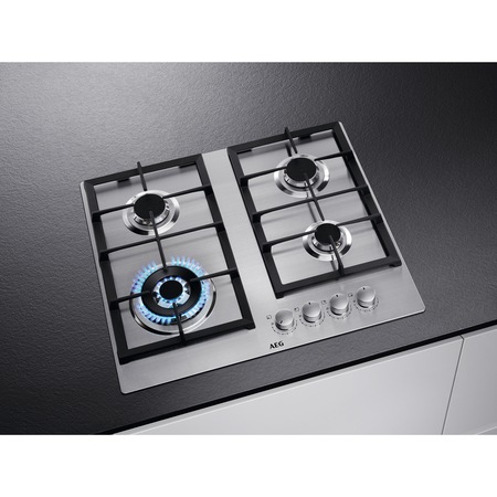 Plita incorporabila AEG HGB64301UM, Gaz, 4 arzatoare, Aprindere electrica, Dispozitiv siguranta, Arzator WOK, 60 cm, Inox