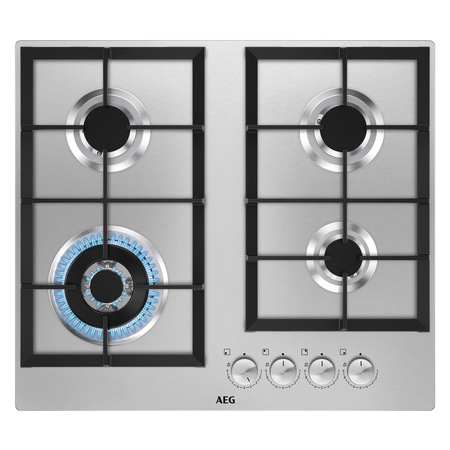 Plita incorporabila AEG HGB64301UM, Gaz, 4 arzatoare, Aprindere electrica, Dispozitiv siguranta, Arzator WOK, 60 cm, Inox