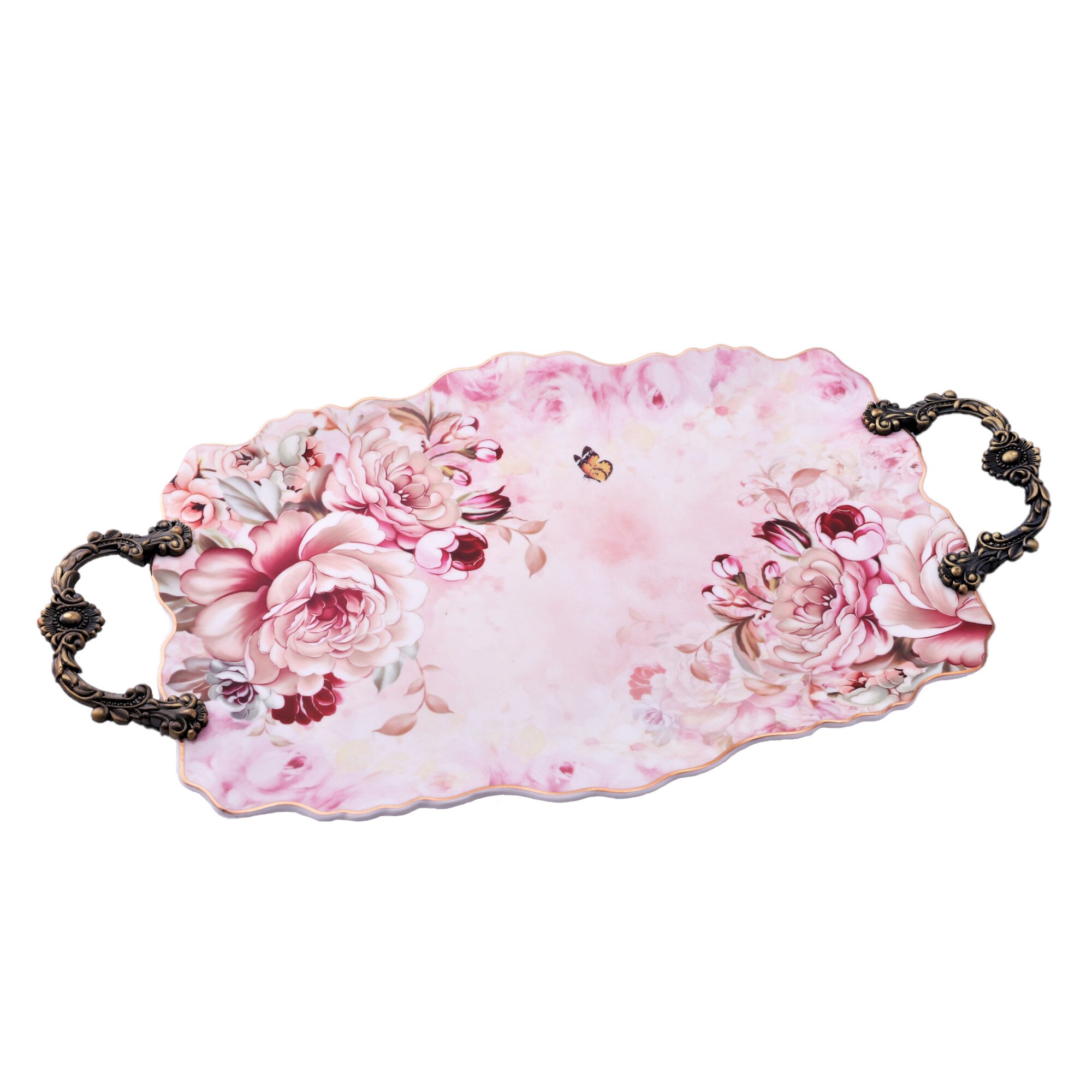 Tava servire ceramica cu manere metal, model 7501M-N, imprimeu floral, 36cm*24,5cm